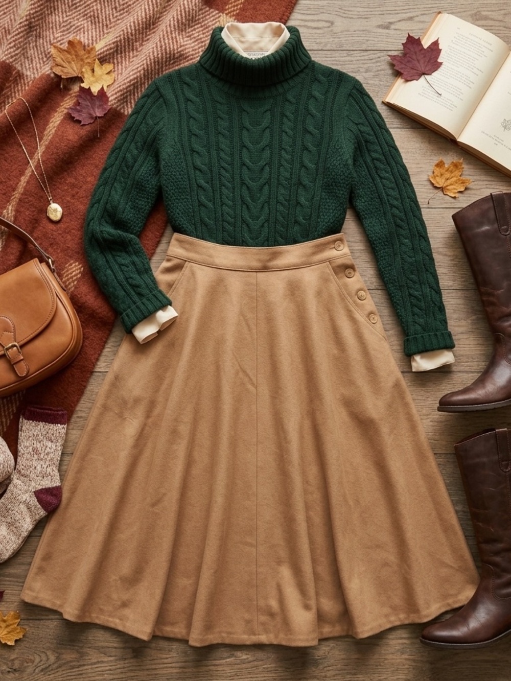 Vintage Beige 100% Wool Midi Skirt with Side-Button Accent